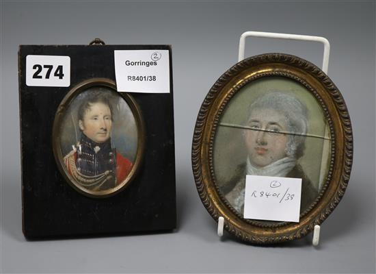 Late 18th century English School, oil on ivory miniature, portrait of an officer (a.f.) and another of a gentleman (2)